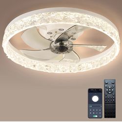 20" Modern Low Profile Ceiling Fan with Light Bedroom LED Ceiling Fan with Remote Control, Bladeless Flush Mount White Fan Lights Ceiling Fixtures for