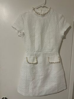 White Tweed Mini Dress with Pearl Trim