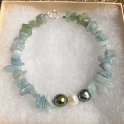 Aquamarine , Jade, Hematite , Freshwater Pearl Bracelet  