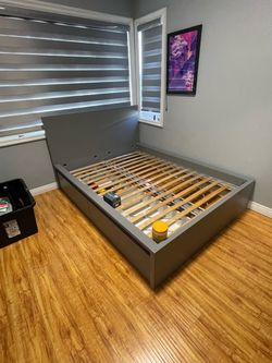 Full Size Gray Platform Bed Frame with Storage Drawers