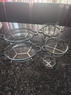 Set Of Five Baking Serving Glass Bowl Dish Metal Holder With Handles