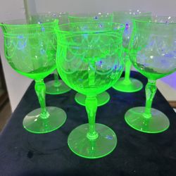 Vintage Set Of Uranium Glass Wine Glasses Six