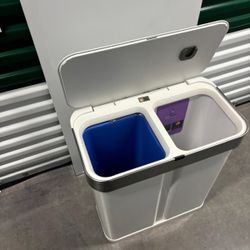 Simple human 58-Liter Dual Compartment Sensor Recycler in white, featuring two internal bins 