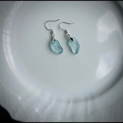 Turquoise Sea Glass Droplets On Sterling Silver French Hook Earrings