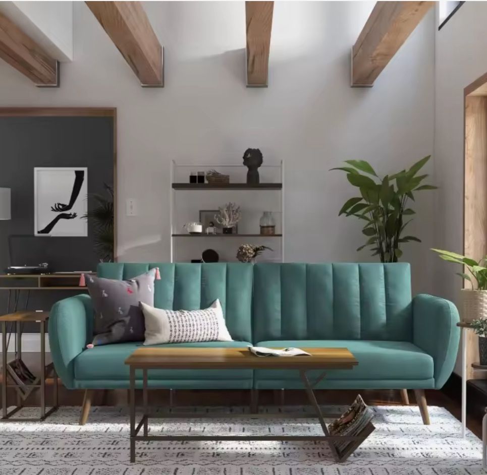 Brittany 82 Inch Futon Sofa Bed in Faux Leather, Upholstered Couch Sleeper with Tufted Back, Mid-Century Modern Design