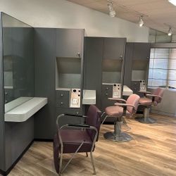 Commercial Salon Styling Stations –Matching Set of 6(Mirrors, Chairs, Cabinets & Countertops)