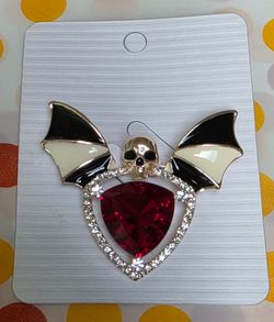 Skull Bat Wings with Red Stone Brooch