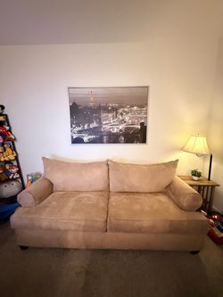 Large, Comfortable Beige/Khaki Suede Sofa (90x40 in)