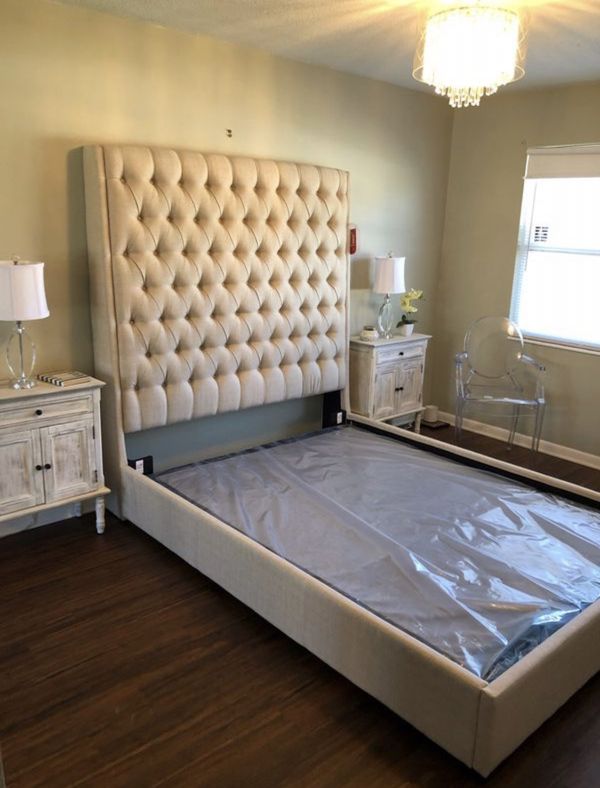 New Extra Tall Beige / Cream Fabric Bed Frame Mattress Set Sold
