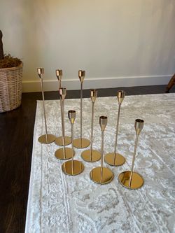 Set of 9 Gold Taper Candlestick Holders