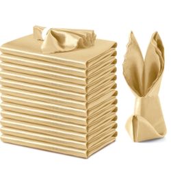 VACVELT 12 Pack Gold Satin Napkins - 17x17 Inch Scalloped Elegant Dinner Napkins For Wedding, Restaurant, Banquet, Graduation Party