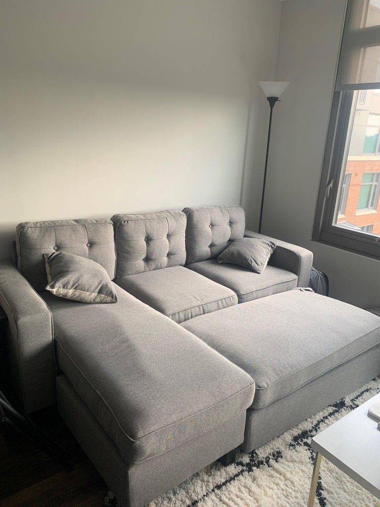 Brand New Light Grey Linen Sectional Sofa +Ottoman (New In...