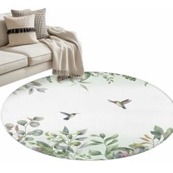  Round Area Rug 4ft Hummingbird Green Leaves Floor Carpets Indoor Floor Area Mat Stain-Proof Mat Circle Rugs for Living Room , Dining Room,  Ki
