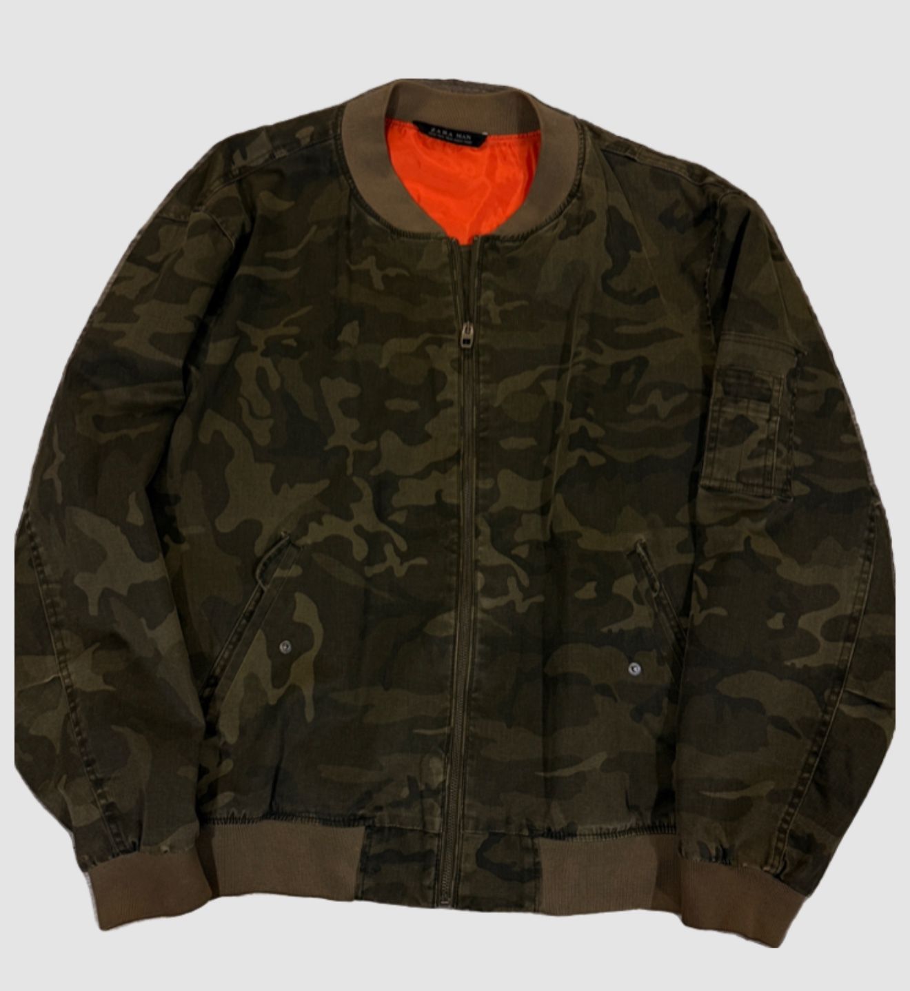 Zara Khaki green camo bomber jacket with orange lining