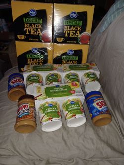 4 100 CT boxes of decaf tea 3 4 CT of apples and cinnamon oatmeal and 3 Skippy peaunt butters