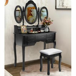 Tri Folding Oval wood Vanity Makeup Table set