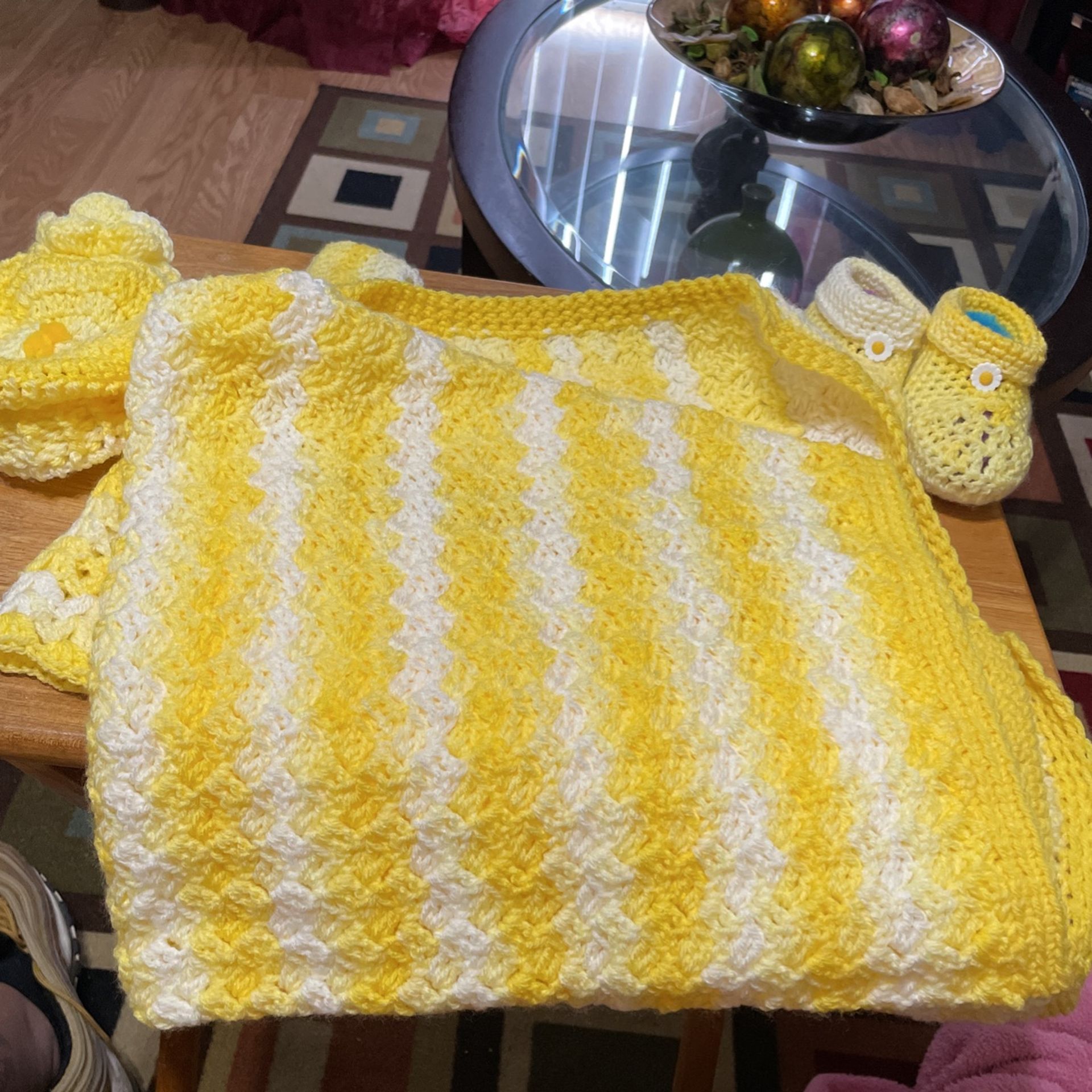 Hand Crocheted Dress, Booties, Hat, and Blanket