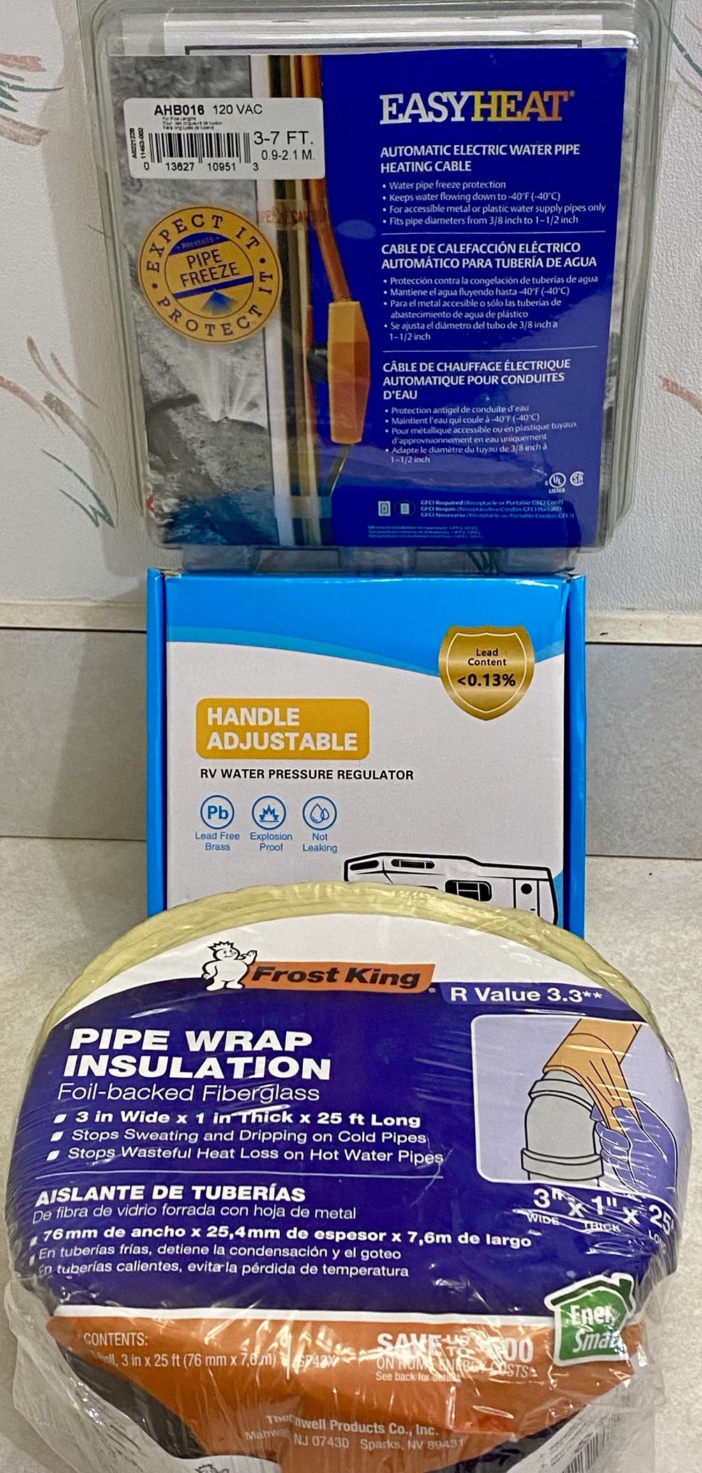 3-PIECE RV BUNDLE: EasyHeat Pipe Heating Cable, RV Water Pressure Regulator, Frost King Pipe Wrap