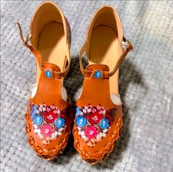 Women's handmade Floral Platform Sandals Brown sz 8
