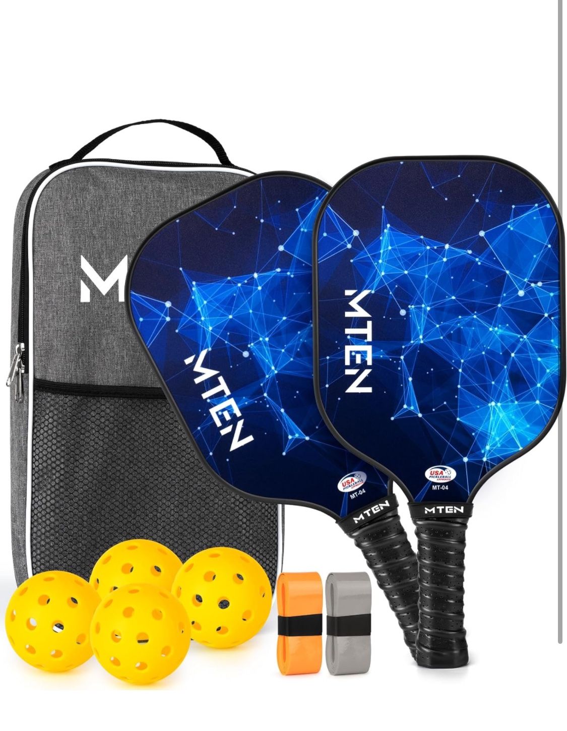 MTEN Pickle Ball Paddle Set for 2 Pickleball Paddles, 4 Outdoor Balls, 2 Grip Tapes, Beginners and Professionals