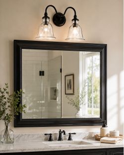 2-Light Black Vanity Wall Fixture Clear Bell Glass Shades Traditional Bathroom