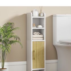 Bathroom Storage Cabinet, Small Corner Floor Cabinet with Fluted Door Narrow Toilet Paper Cabinet with Adjustable Shelves Wooden Slim Bathroom Organiz