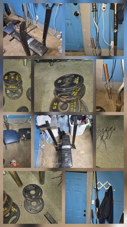Golds gym weights and bar with bench.
