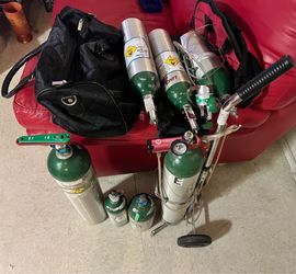 7pc Aluminum Gas Cylinder Lot with Cart & Regulators