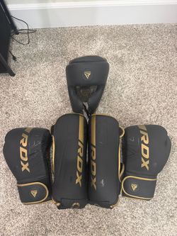 RDX Black/Gold Boxing Set – Gloves, Shin Guards & Headgear