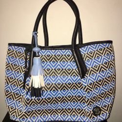 New Vince Camuto Blue Black Leather Woven Harlow Tote Bag Purse