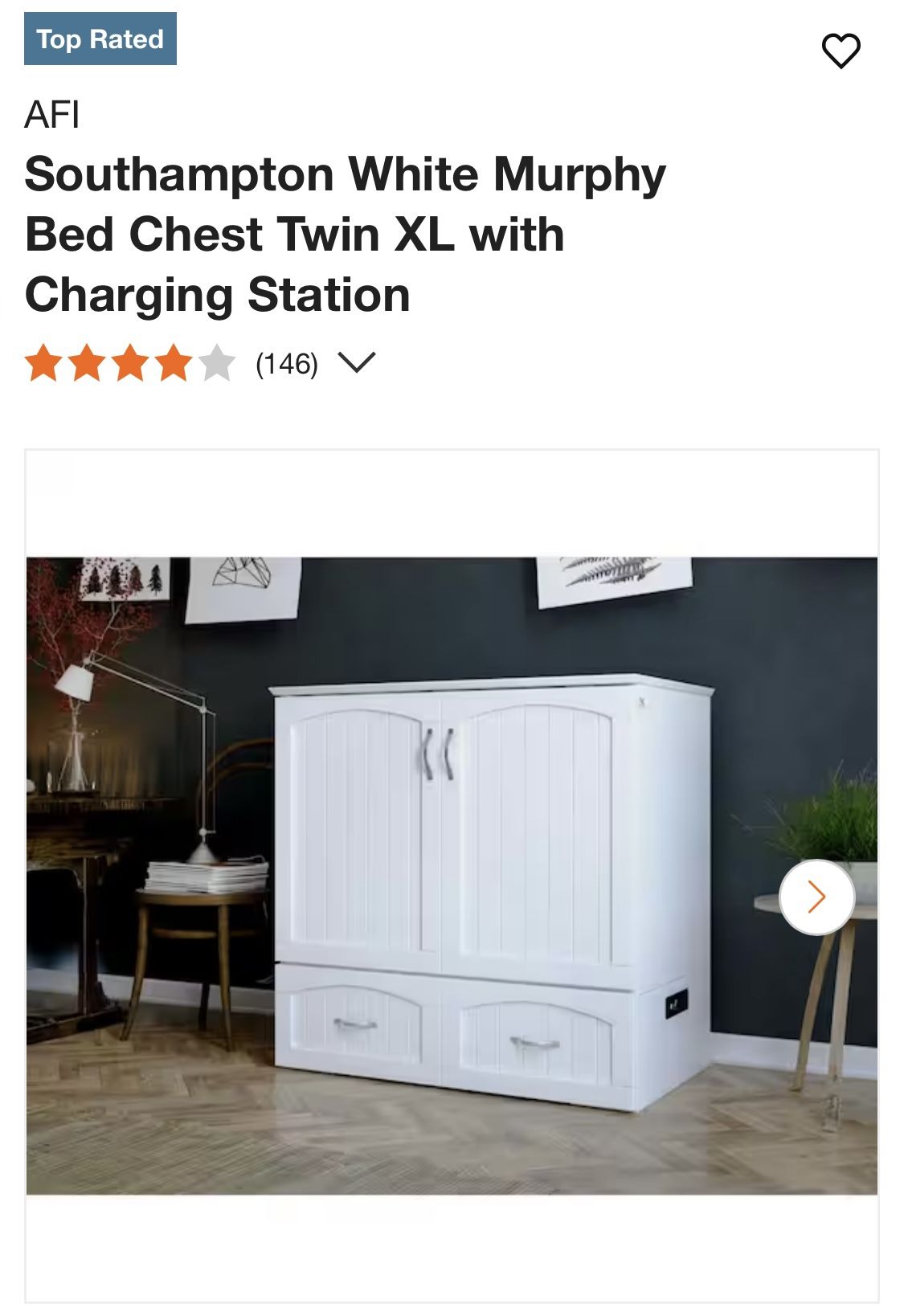 Southampton White Murphy Bed Chest Twin XL with Charging Station.