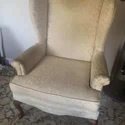Vintage Winged Armchair - Linen Upholstery - Cherry Wood Finish