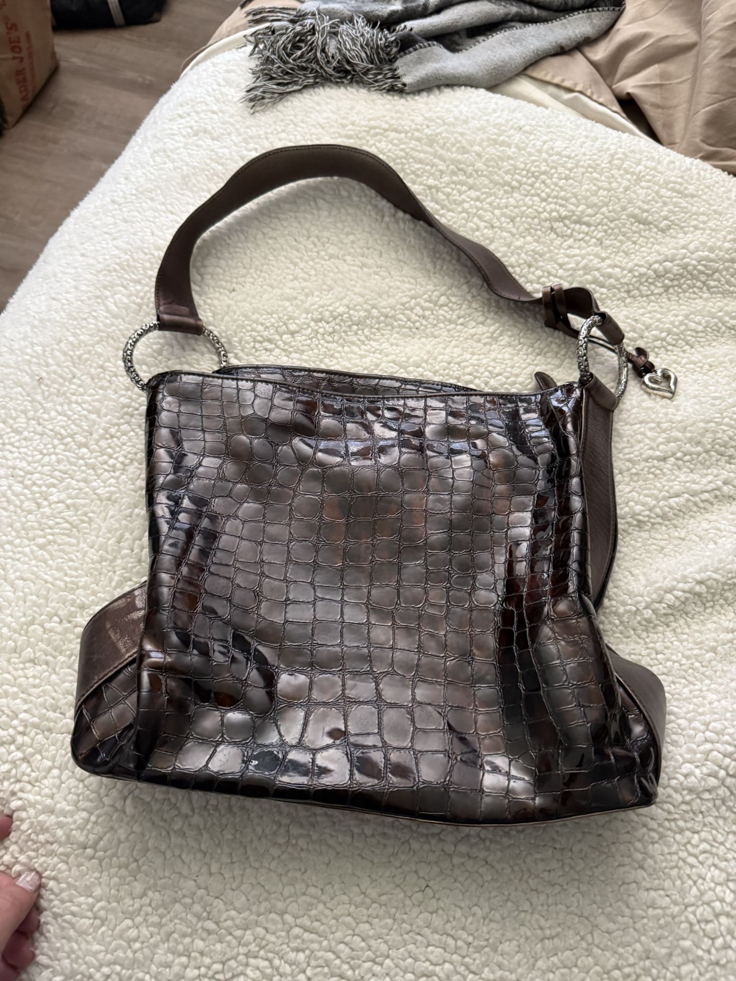 BRIGHTON Bronze Patent Leather Croc Embossed Shoulder Bag Purse w Bag Charm