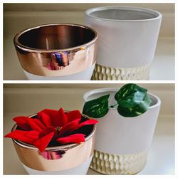 2 White Ceramic Porcelain Planters with Silver and Rose Gold Metallic Accent Trim Flower Pots 4.5" x 5.5" & 6" x 6" . Both are pre-owned in excellent 