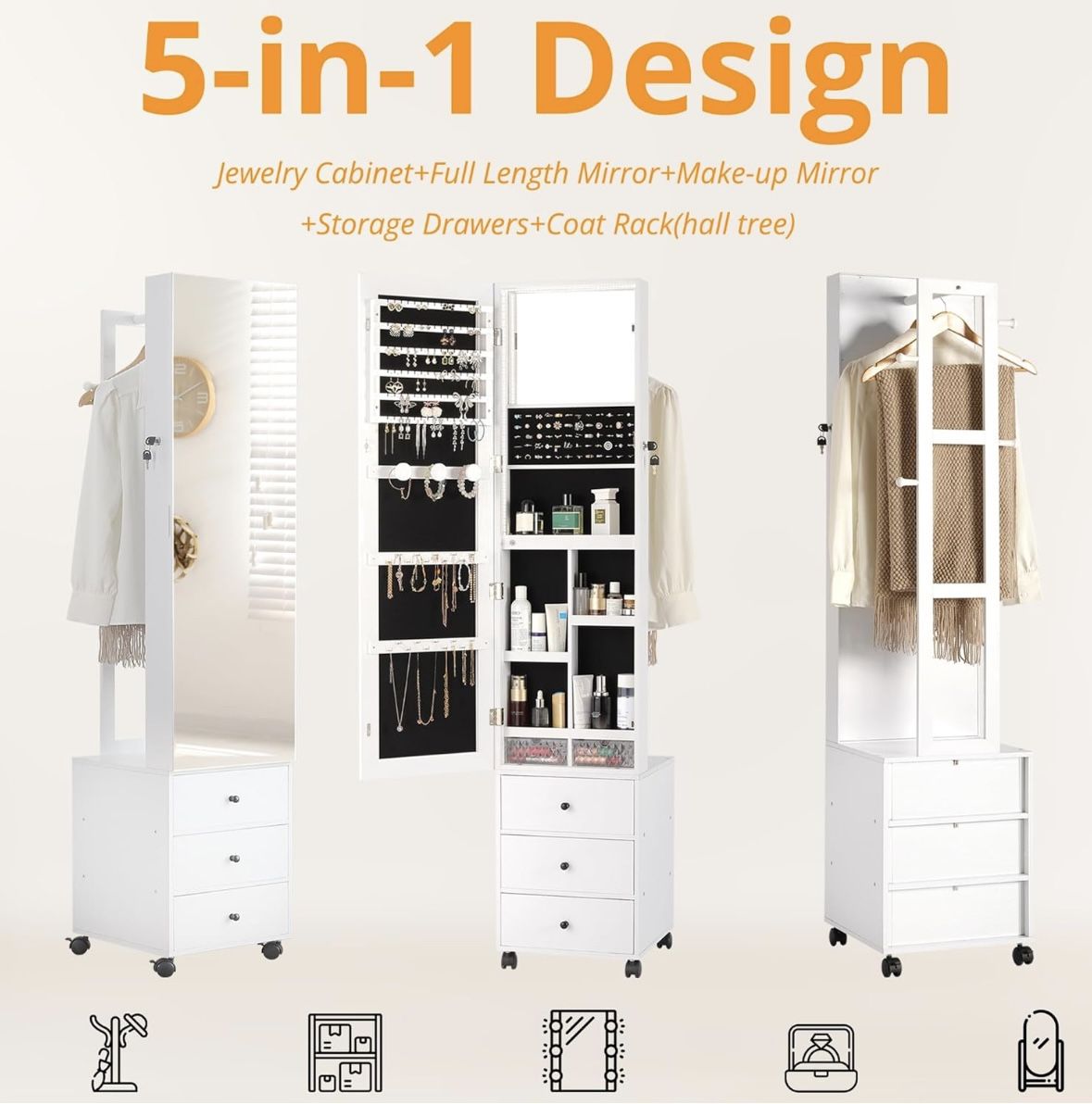 5 in 1 super functional unit: Mirror, Jewelry Storage, Makeup Mirror, Storage Drawers, and Coat Rack