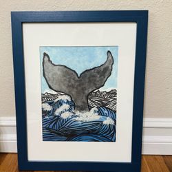  Hand-Painted Whale Tail Seascape – Wooden Frame