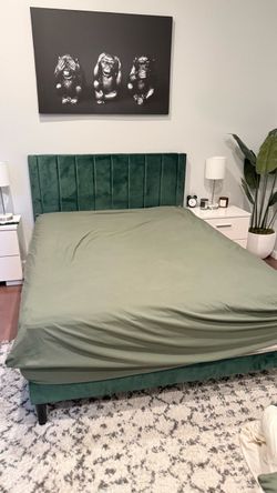 Green Velvet Queen Platform Bed Frame with Channeled Headboard