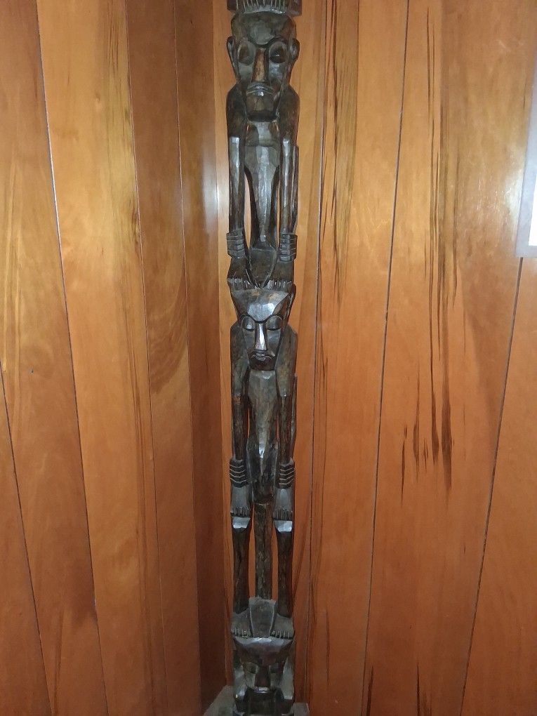 Antique 3 Person Wooden Totem Sculpture