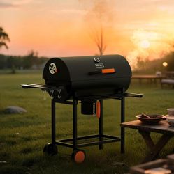 Barrel Charcoal Grill with Manual Rotisserie Meat Fork