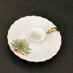 Vintage Jay Imports Porcelain Christmas Candle Stick Holder Gold Trim