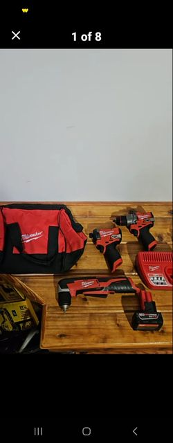 Milwaukee M12 hammer drill, 1/4" hex impact driver, right angle drill, battery, charger, bag kit