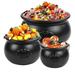 3 Pcs Halloween Large Witch Cauldron Kettles, Black Plastic Witch Pots Candy Holder Treats & Punch 