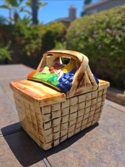 Vintage McCoy Pottery Ceramic Picnic Basket Cookie Jar with Fruit Lid