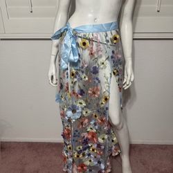 New Blue Long Wrap Floral Flower Sheer Lace Rave Boho Festival Skirt Outfit 