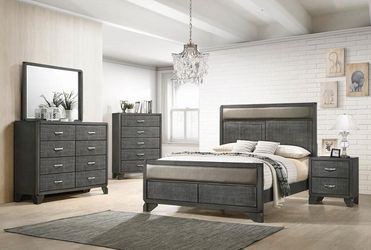 4PC QUEEN BEDROOM SET: QUEEN BED FRAME, DRESSER, MIRROR, NIGHTSTAND--CAVIAR