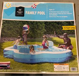 Member's Mark Mosaic Elegant Family Pool, measuring 10 feet long and featuring built-in inflatable seats.