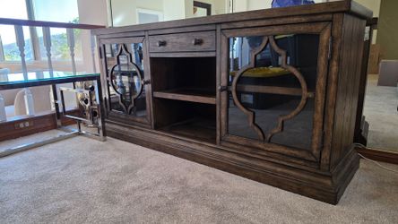 Dark Wood TV Console with Mirrored Cabinet Doors