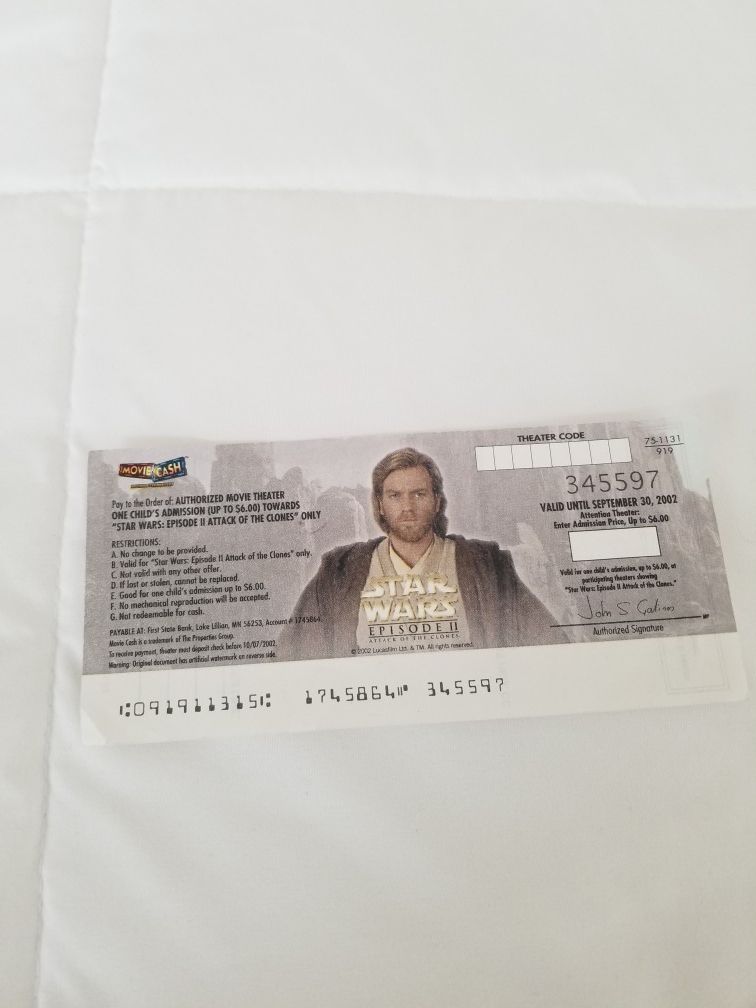 Movie Cash ticket for STAR WARS Episode 11