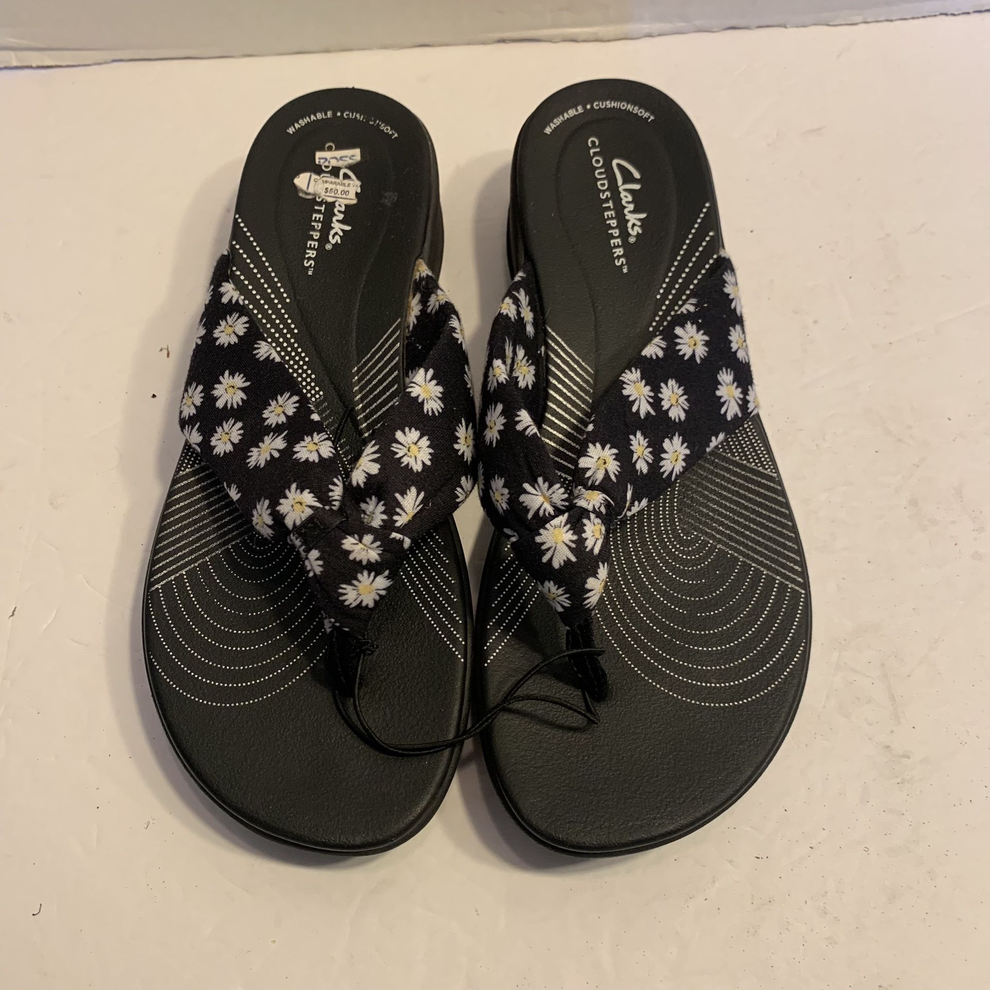 New Clarks Womens Cloudsteppers Arla Glison Flip-Flops in Black/Sunflowers 8