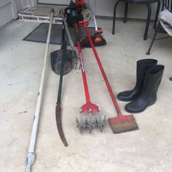 Shovel($12) flat head tool(sold $15), hammer $5 & saw ($3) left .